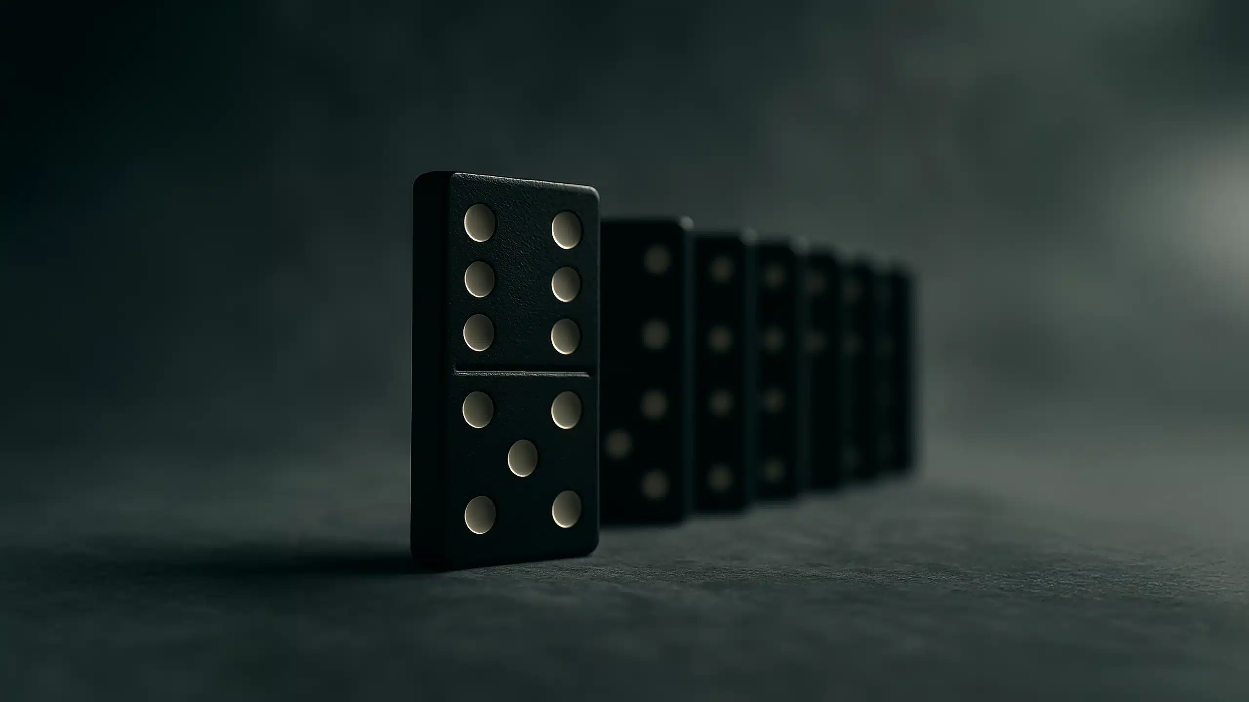 Extreme close-up of a single black domino standing upright in gray fog, a slightly trembling hand poised to push it, background silhouette of a person with head down. Cinematic, dramatic lighting, shallow depth of field.