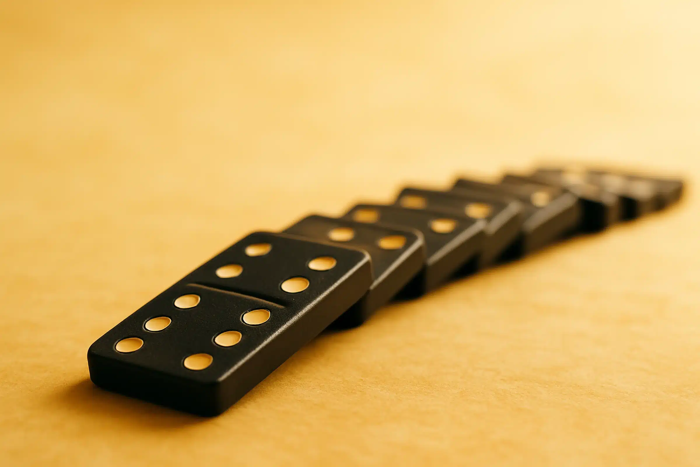 A series of fallen black dominoes in a golden backdrop